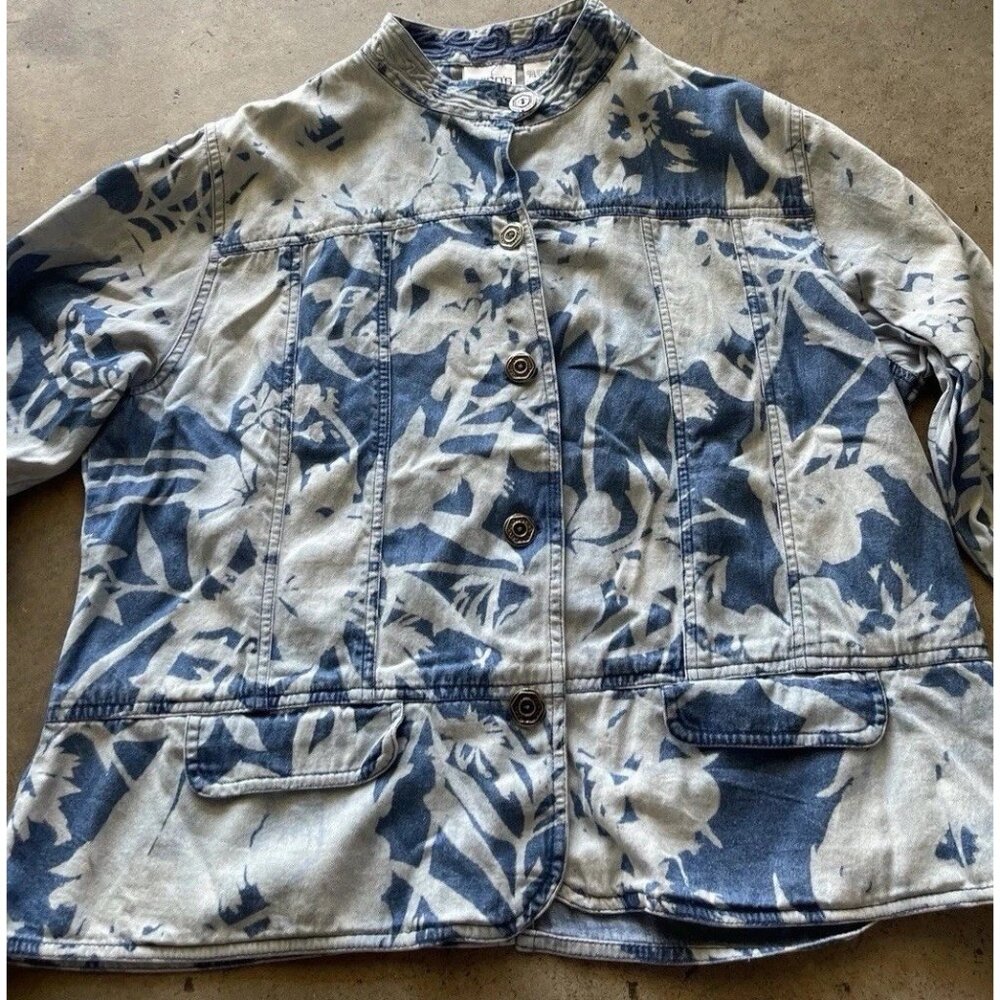 Chico's Floral Bleach Holland Denim Jacket Sz 3 Blue Button Up Mandarin Collar